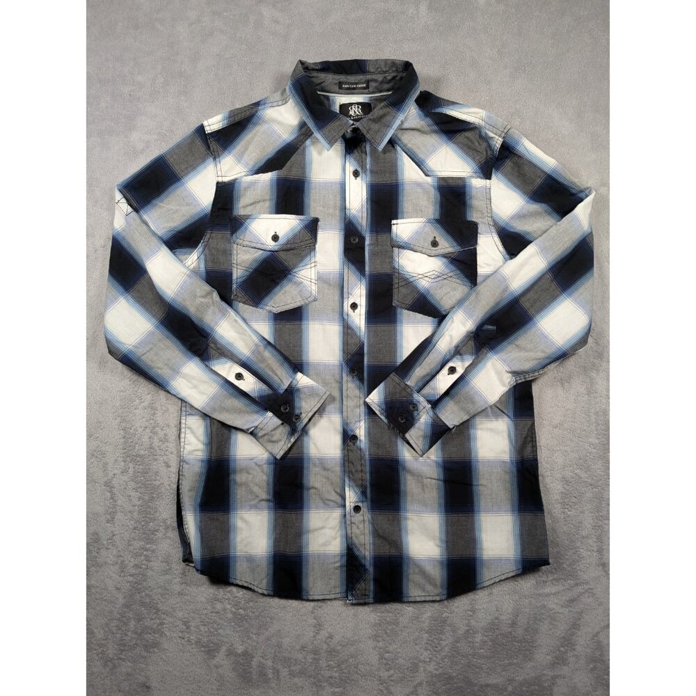 Rock & Republic Button Front Shirt Mens Size Large Blue Plaid Western Rodeo